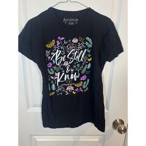Love in Faith Women T-Shirt Be Still & Know Psalm 46:10 Floral Black S